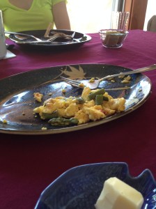 Scrambled omelets with cheddar and asparagus.  Fuck yes!