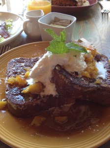 French toast: egg-dipped brioche, caramelized plantains,  mascarpone whipped, maple syrup 